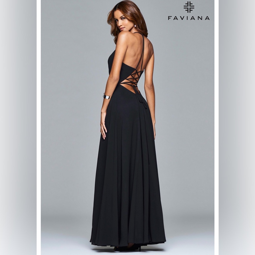 Faviana BLK Formal Gown Lace Up Back Plunge Neck Slit Prom Dress Evening Dress - Picture 2 of 2